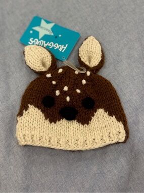 NWT Hand Knit Brown & Cream Fawn Baby Hat by Huggalugs 0-6 Mos